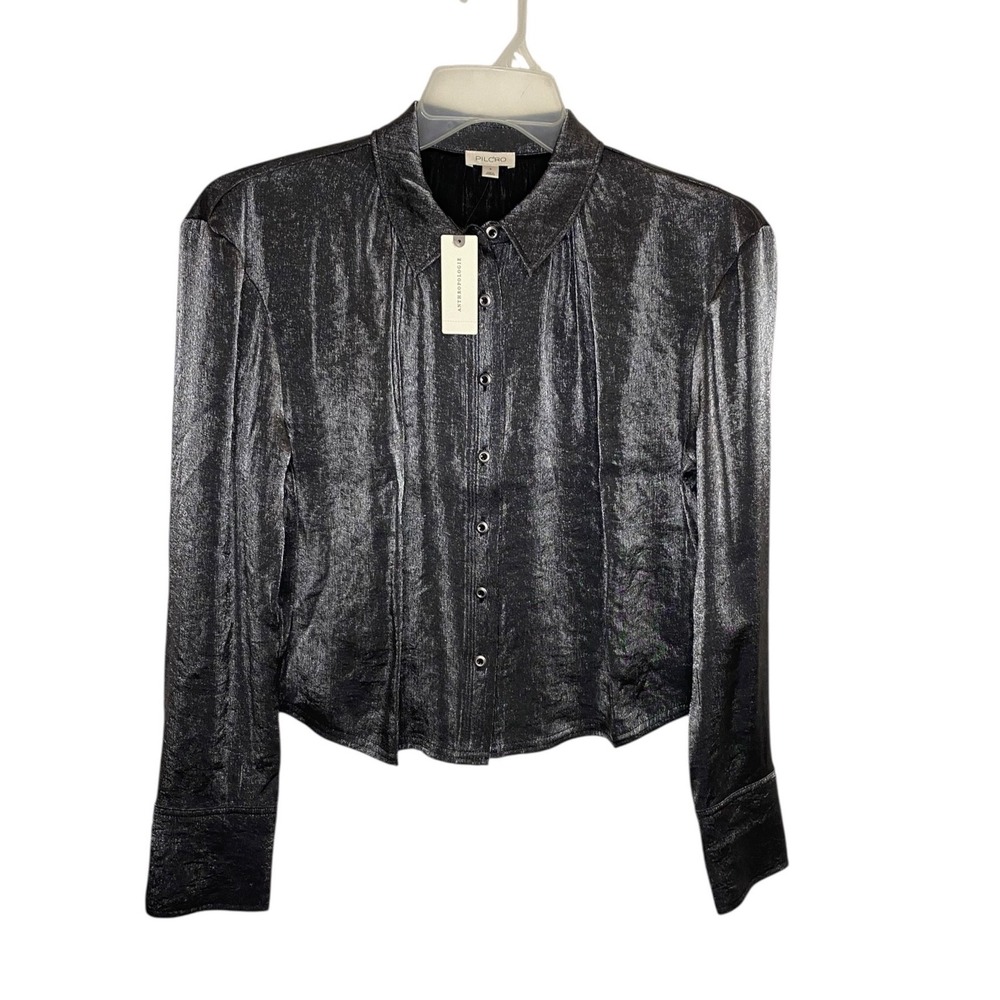 Pilcro Anthropologie Liquid Shine Button down Shirt Gunmetal Metallic Top S NWT